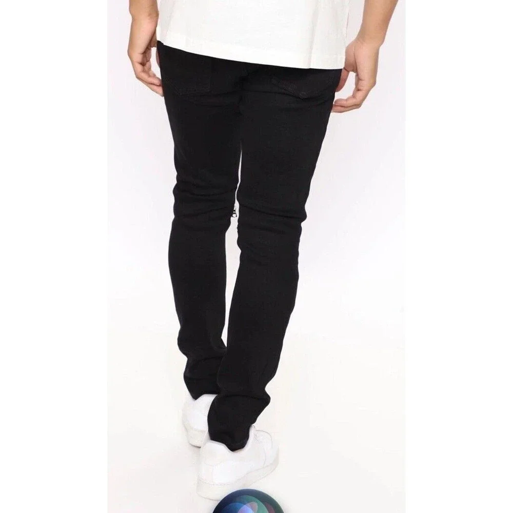 Fashion Nova Men Black Distressed Skinny Jeans Zip Knee Stretch Size 38x31